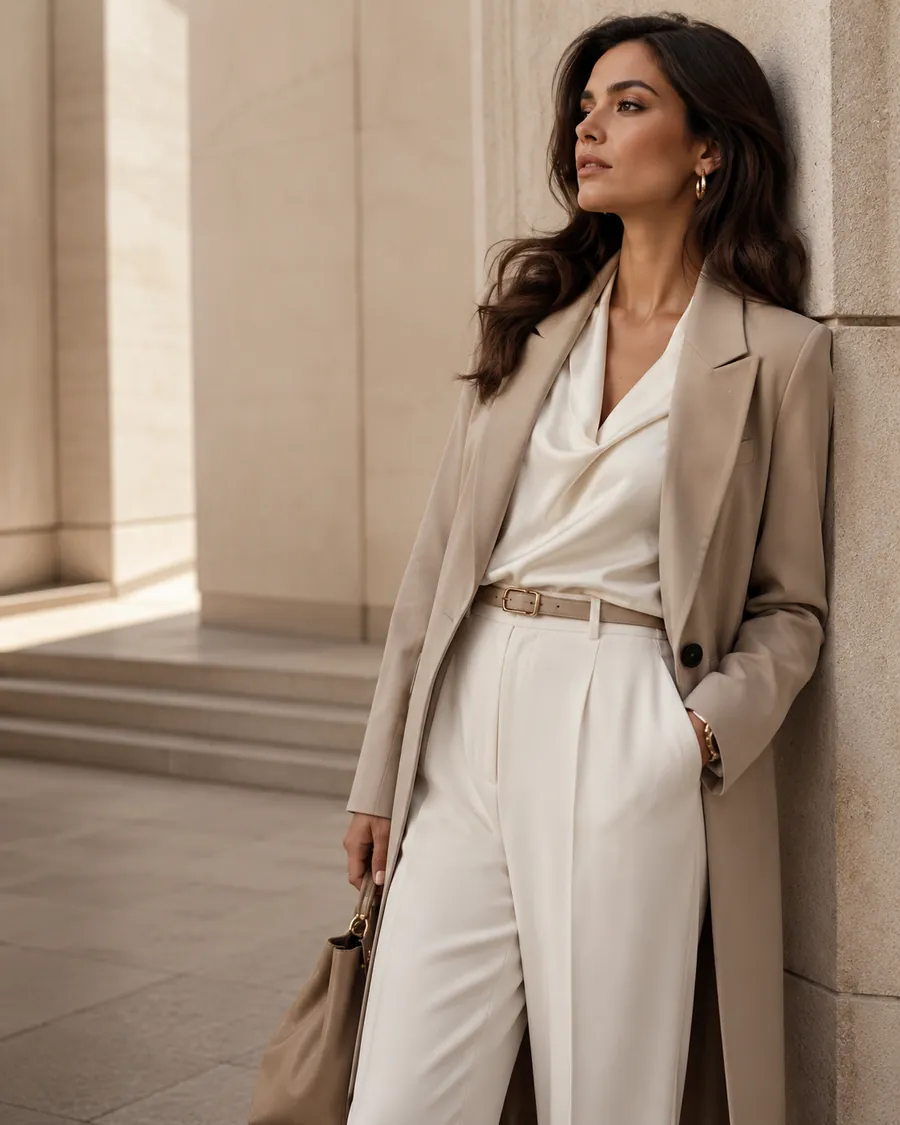 Donna con completo elegante beige e bianco in stile editoriale moda