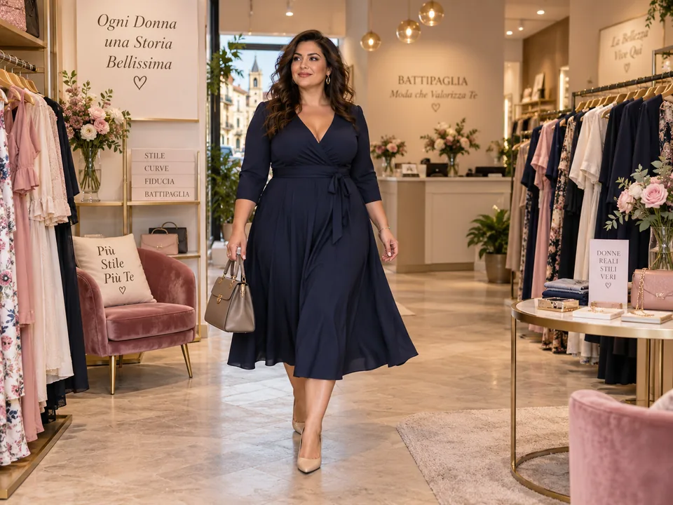 Donna curvy con abito navy in una boutique di moda a Battipaglia