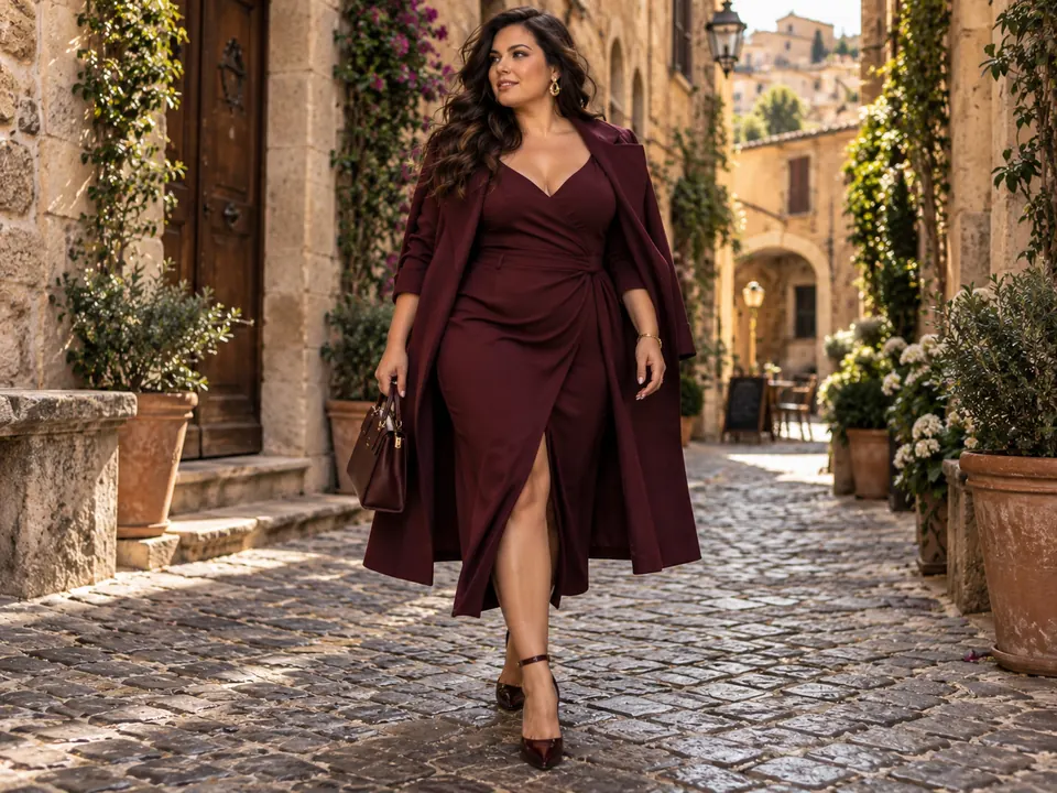 Look curvy elegante bordeaux Donna curvy con look bordeaux elegante in un borgo italiano