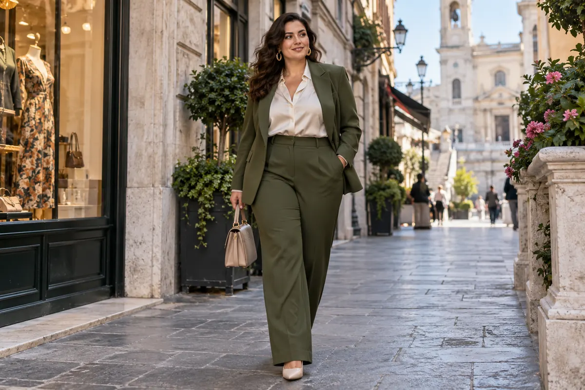 Capi essenziali per il guardaroba curvy Completo verde oliva per un guardaroba curvy elegante